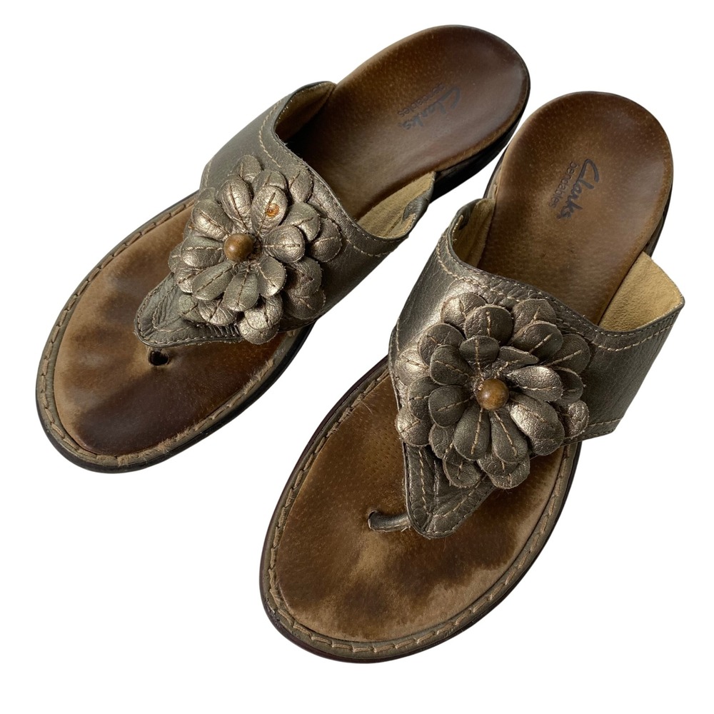 Clarks Bendables Womens Metallic Flower Thong Sandals Size 11 Leather Boho Indie